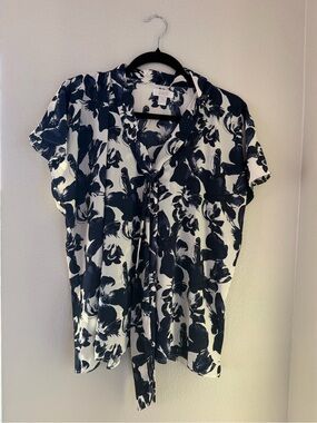 Navy and White Floral Tie-Front Blouse